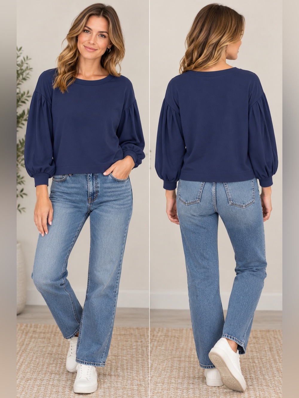 Banana Republic Navy Blue Drapey Puff Sleeve Crewneck Sweatshirt‎ Small P